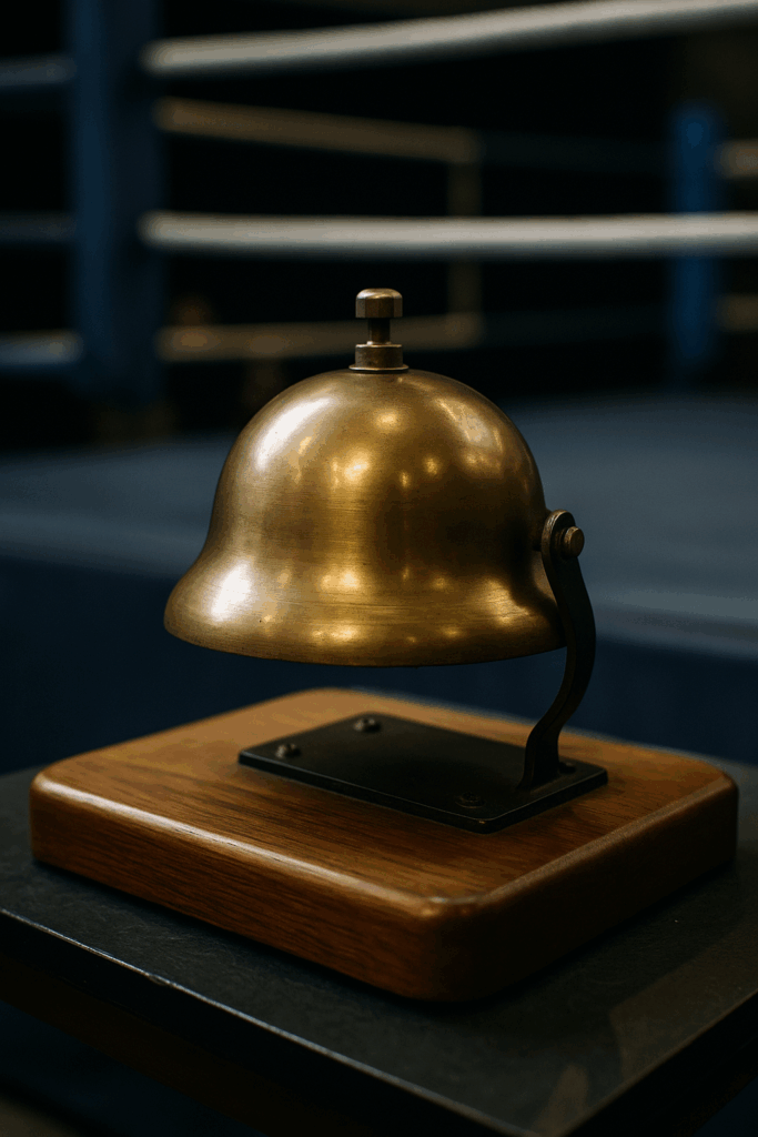 Cloche traditionnelle en laiton sur socle en bois utilisée pour signaler le début et la fin des rounds dans un ring de boxe française.